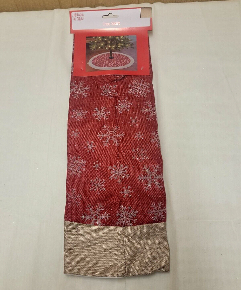 Holiday Style Christmas Tree Skirt Red w/ Brown Trim Glitter Snowflakes 40"